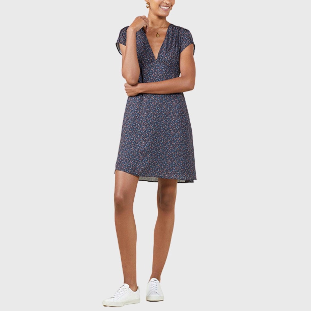 Outerknown | Juniper Brown Floral V-Neck Fit Flare Mini DressSize S